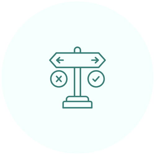 A signpost with arrows pointing left and right, with a checkmark on the right and an X on the left.