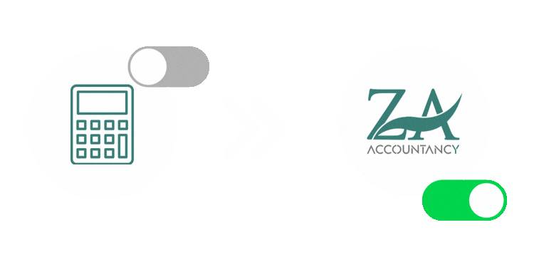 Illustration of data transfer from a calculator to a ZA Accountancy logo with a toggle switch switched on.
