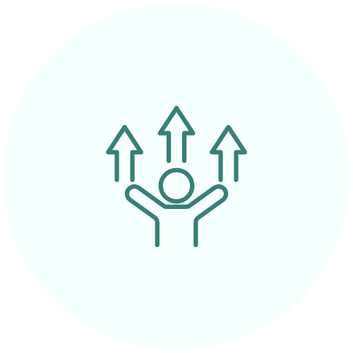 Simple illustration of a person with arms raised and three upward arrows above. Business growth