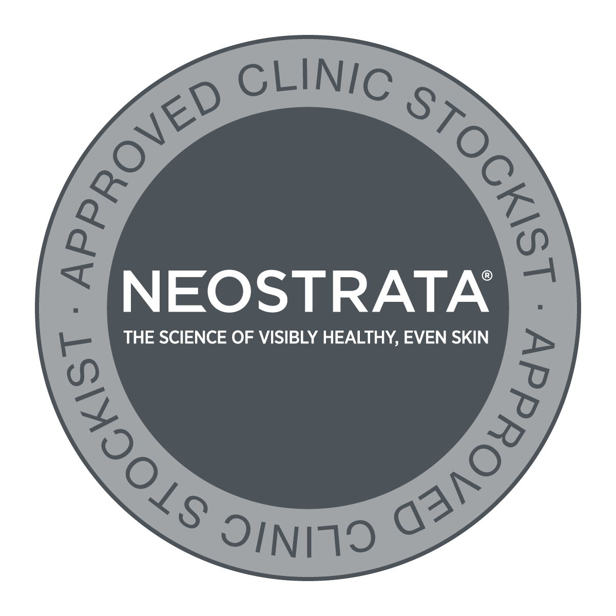 A circular badge with the words 'A PROUD CLINIC STOCKIST' and 'A PROUD CLINIC STOCKIST' around the border. In the center, it says 'NEOSTRATA' with the tagline 'THE SCIENCE OF VISIBLY HEALTHY, EVEN SKIN' underneath.
