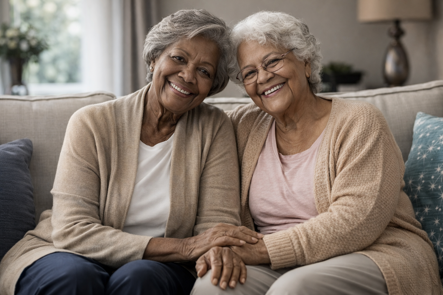 Two elderly women sitting on a beige couch, smiling and holding hands, in a cozy living room.