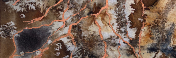 Close-up of an art piece by Kate Brown, North Yorkshire artist, with earthy tones and copper lines which evoke root systems.