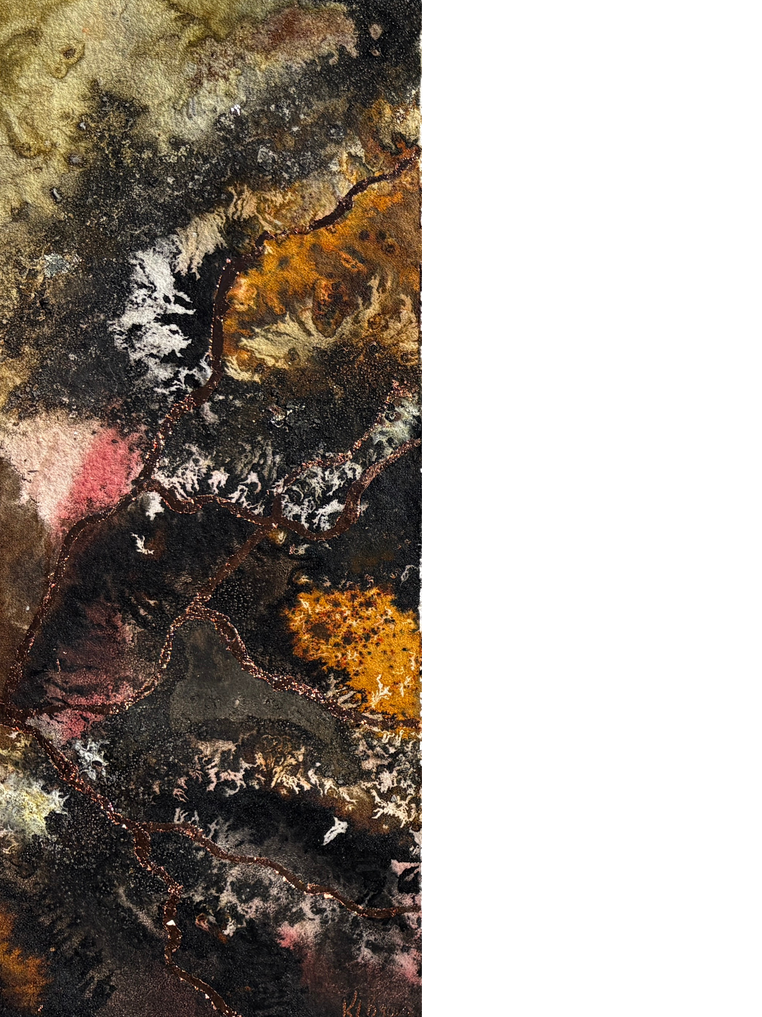 The first of three panels, dense acrylic ink and raw pigment in blacks, browns, siennas, ocres, umbres and deep reds create a background for emerging copper roots.