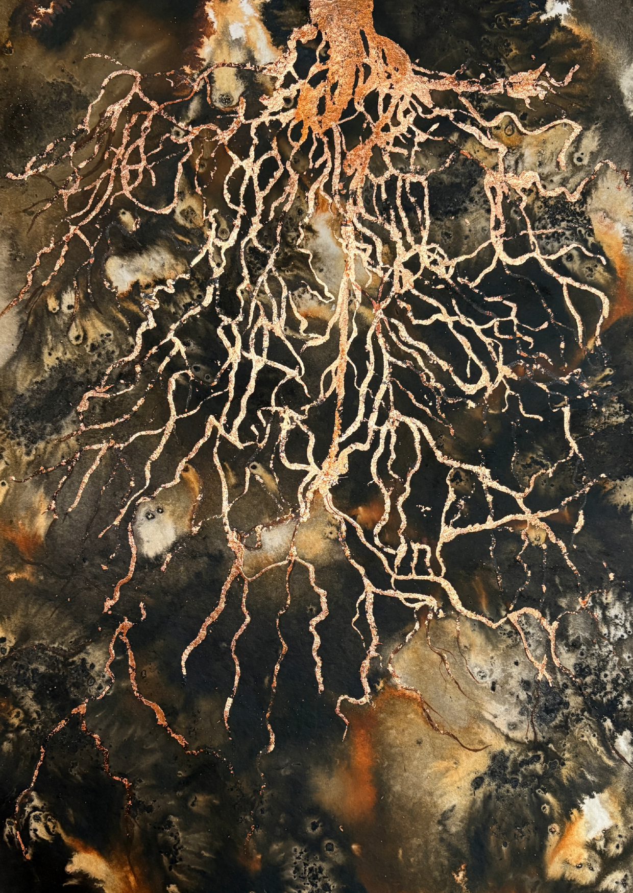 Abstract artwork on paper with earthy tones applied with flowing acrylic ink and pigment, featuring a root-like copper leaf structure suggesting organic networks and connection to place
