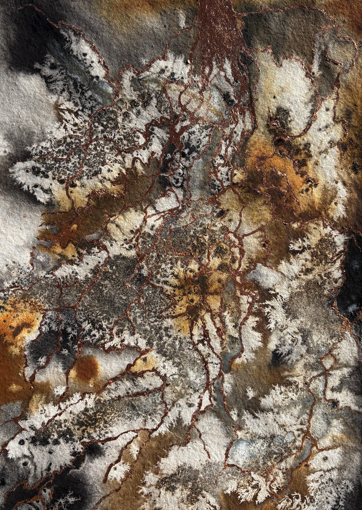 A background of acrylic ink and raw pigment in earthy tones is overlaid with reaching copper lines which descend downwards from the top of the piece like roots through soil.
