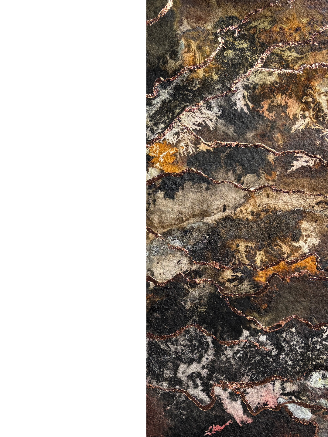 Darker than the first two panels, the earthy tones deepen, with the reds lessening. The fibrous roots continue to explore the page, highlighted in copper leaf.