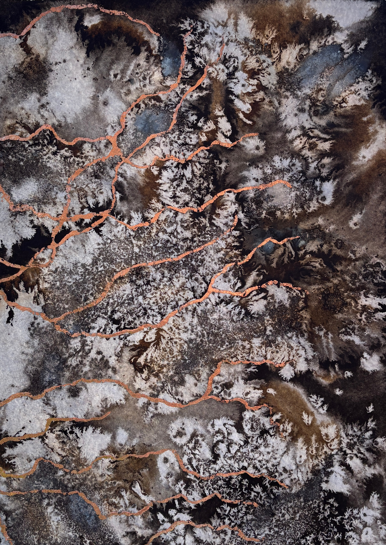 Textured pigments and ink in brown and grey hues create an abstract background over which lines of copper travel from left to right like roots across the surface of soil.