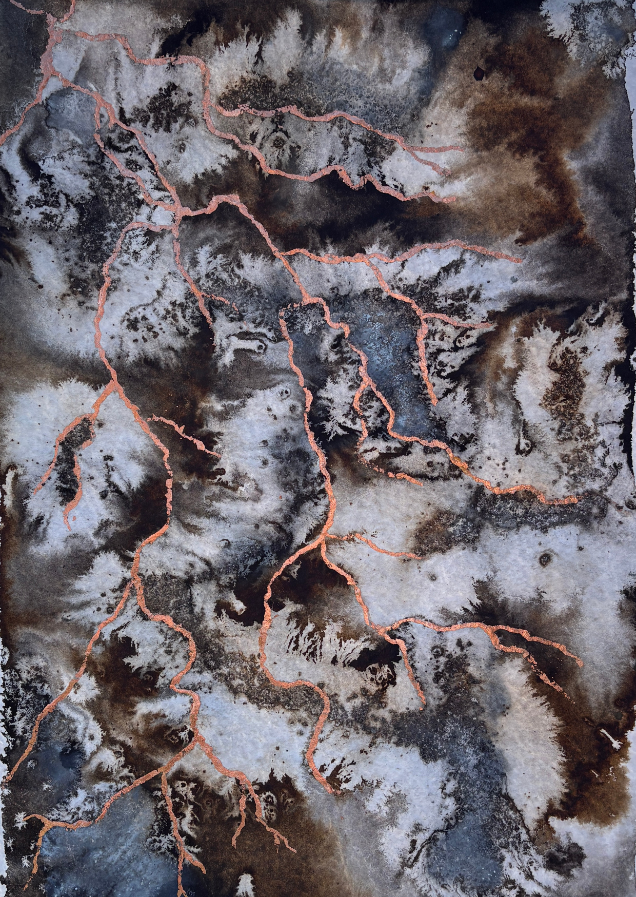 Portrait sheet of cotton rag paper, acrylic ink, raw pigment and salt have been used to create an abstract background evoking terrain, copper leaf runs diagonally from the top left as through roots are growing.