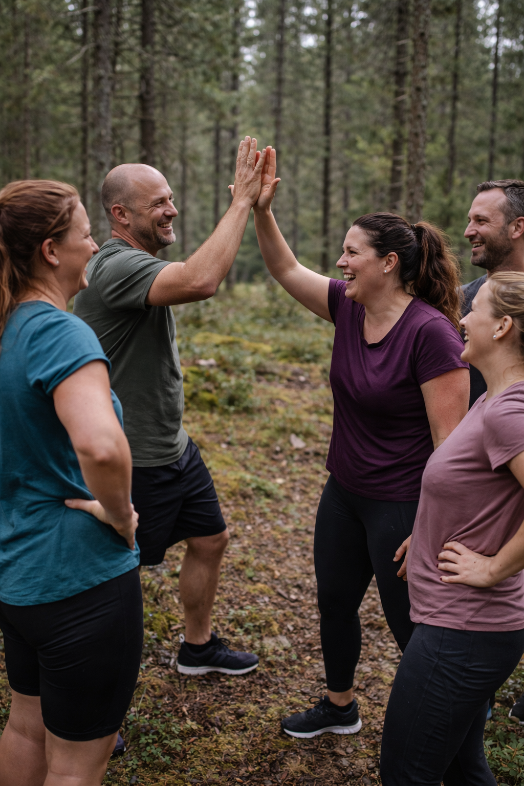 Group of five people smiling and giving high five in a wooded forest.