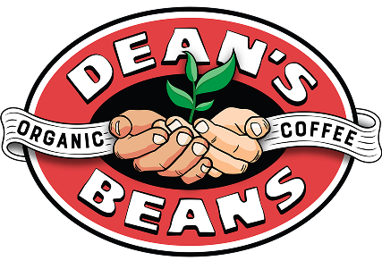 Deane's Beans logo featuring two hands holding a green sprout, with the words 'Deane's Beans' and 'Organic Coffee' around it.