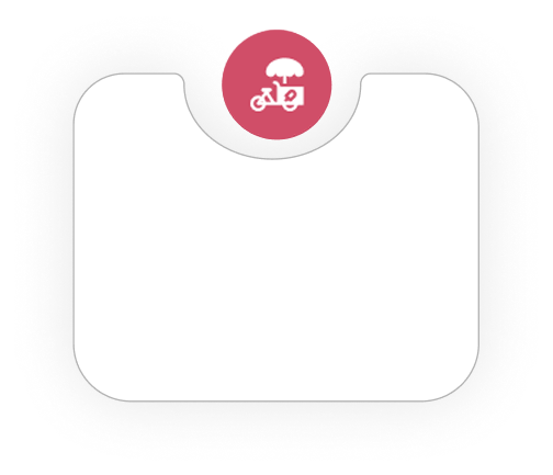 Icon of an umbrella and rain on a bicycle within a pink circle at the top center of a white rectangular shape.