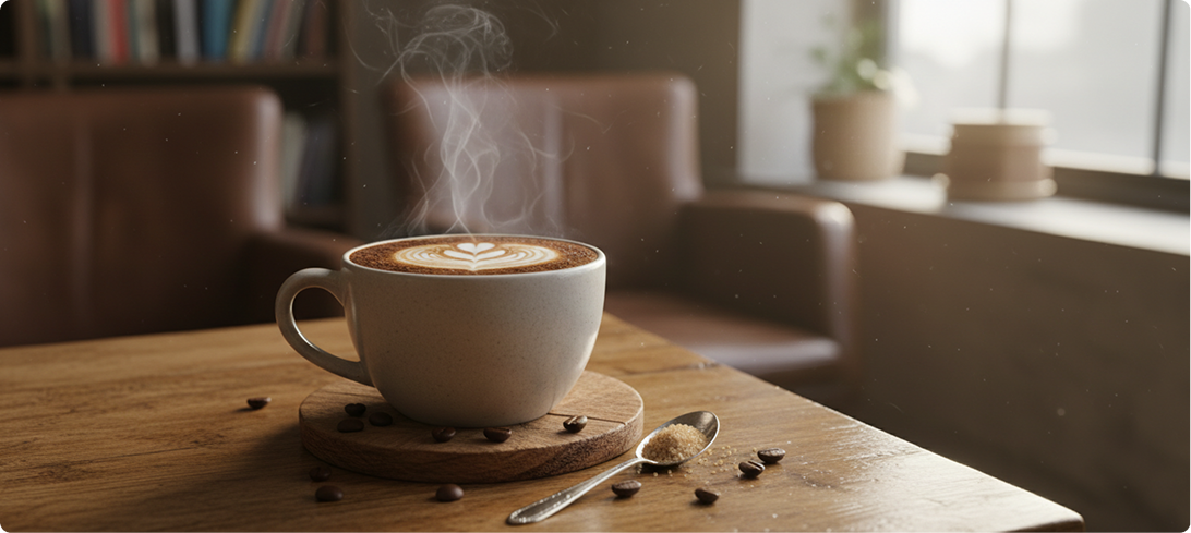 A steaming cup of coffee with latte art on a wooden table, surrounded by coffee beans and a spoon of sugar, in a cozy indoor setting with chairs and a window in the background.