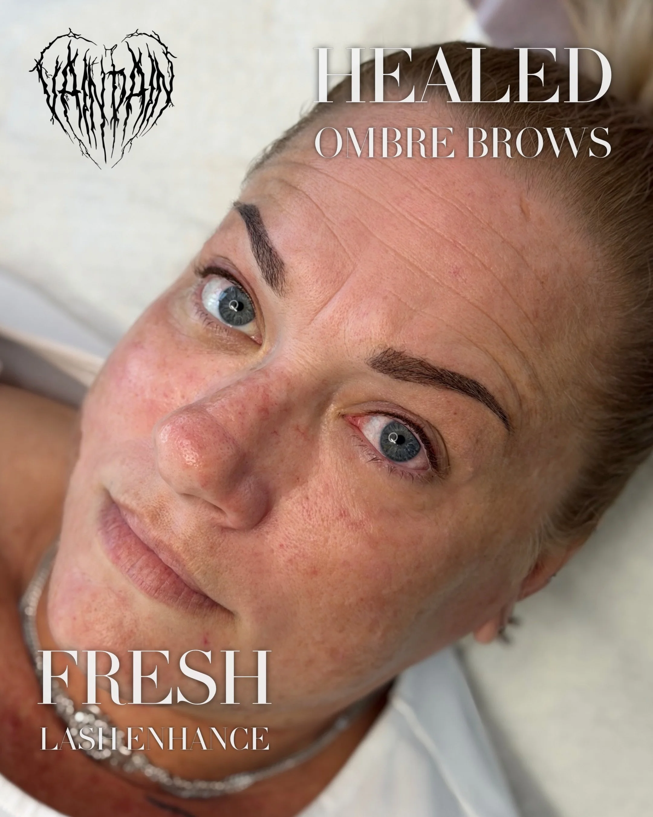 Fully healed brows and a fresh brown lash enhancement for this diva. 

Brown lash enhancements heal more subtle and give the eyes a more sultry look. Brown tattooed liner looks best if you have brown or blonde lashes, or if you&rsquo;re just looking 