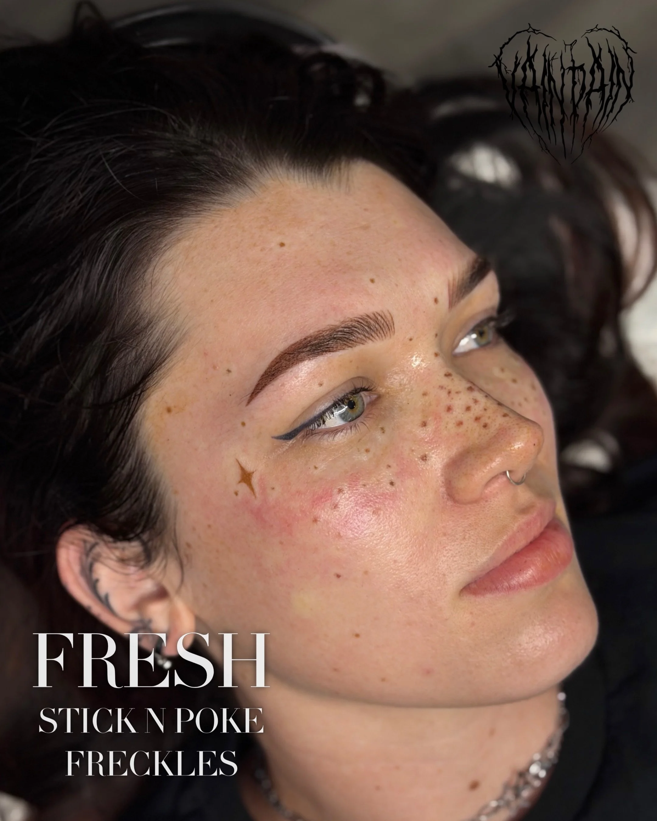 My clients r baddies 😍
Combo brows and freckles for this diva. The winged liner is also by me and healed from last December. 

Super wispy strokes and soft handpoked freckles. Both will fade by 40-60% when healed ready for a perfection appointment. 