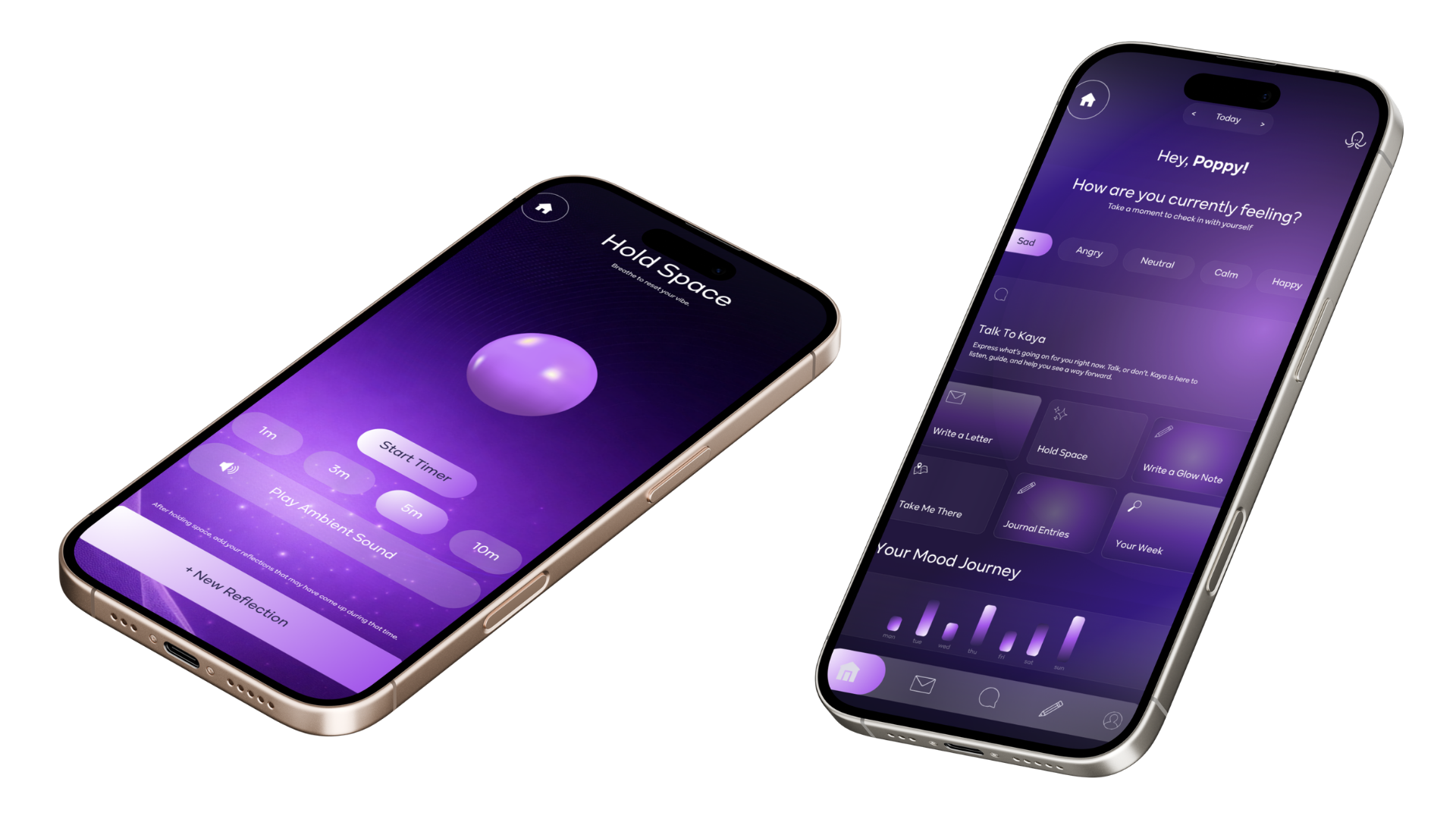 Two smartphones displaying a mood and meditation app with purple themed interface. One screen shows a 'Hold Space' meditation feature, and the other shows a user profile with mood options and journal entries.