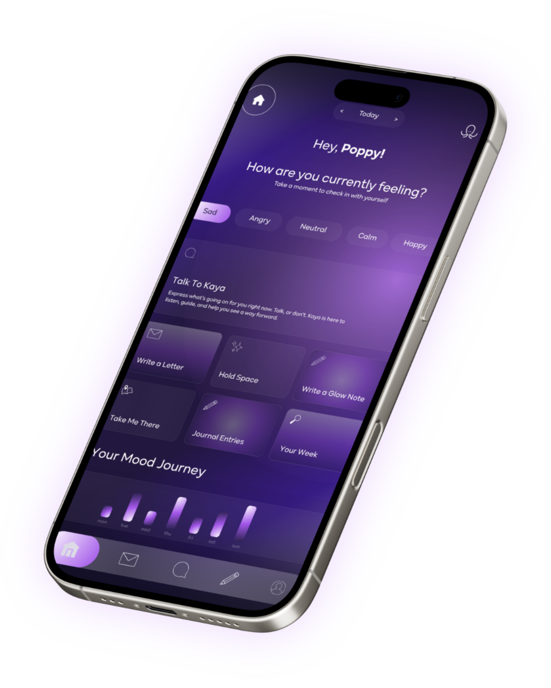 A smartphone displaying a mood tracking app with a purple background, greeting the user 'Poppy,' and asking how they are feeling with options like Sad, Angry, Neutral, Calm, Happy. The app has sections for talking to Kaya, writing a letter, holding space, writing a glow note, and viewing journal entries and weekly mood journey data.