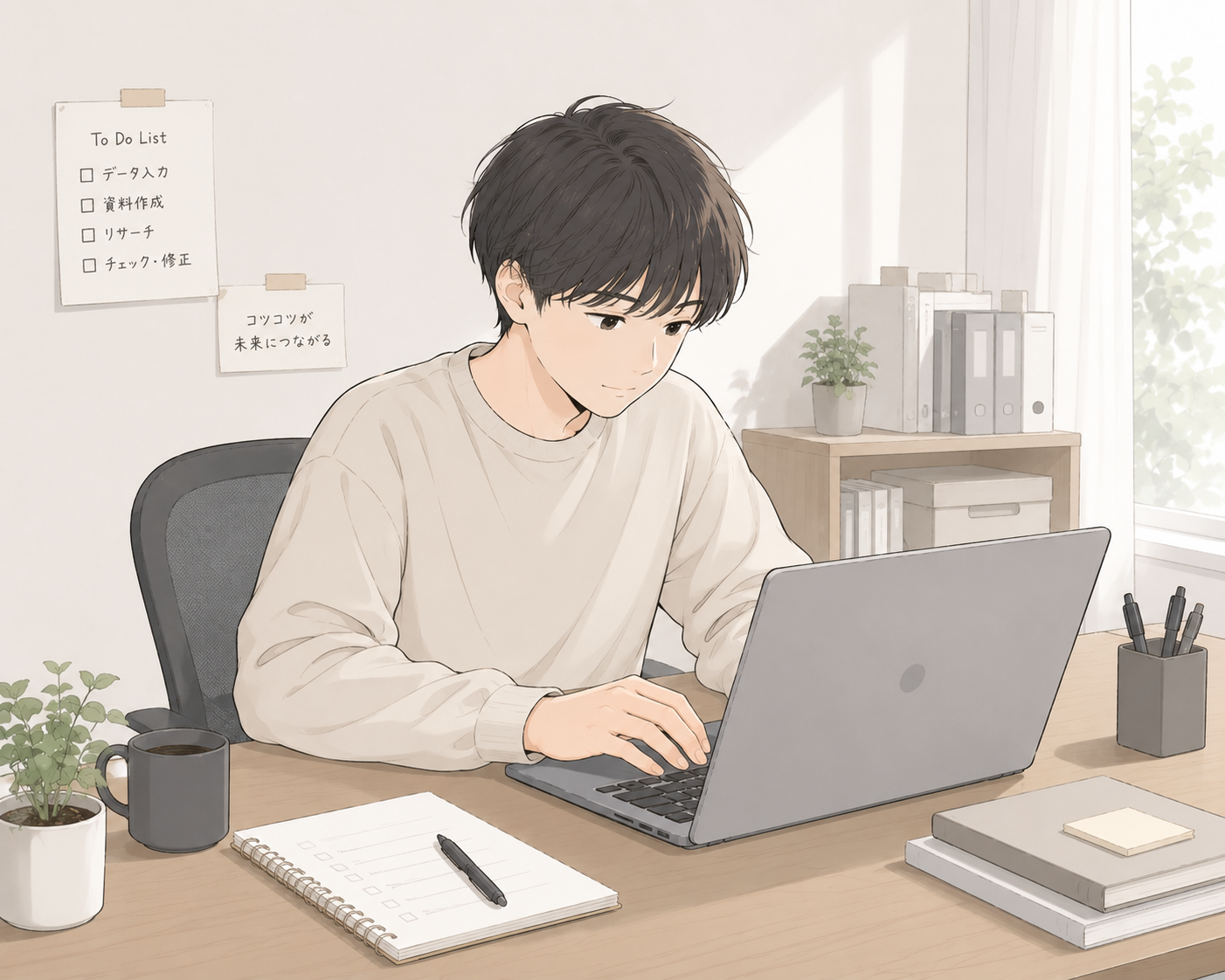 デスクでノートとペンを使っている若い男性がパソコンを操作している様子。