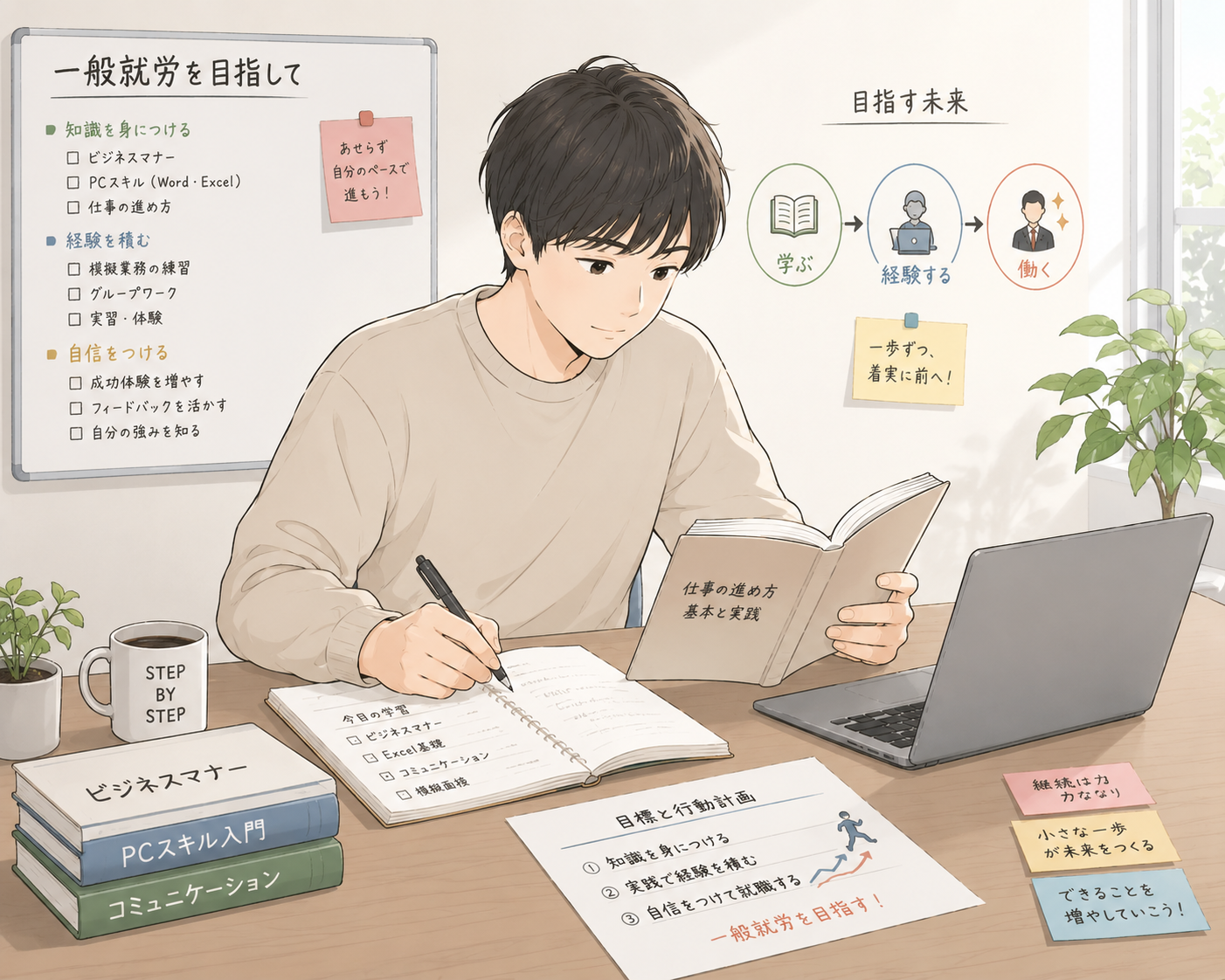勉強している若い男性が机の上でノートと本を持ちながら、パソコンや資料を使用して学習している。背景には就職活動の計画や目標に関するポスターやメモが貼られている。