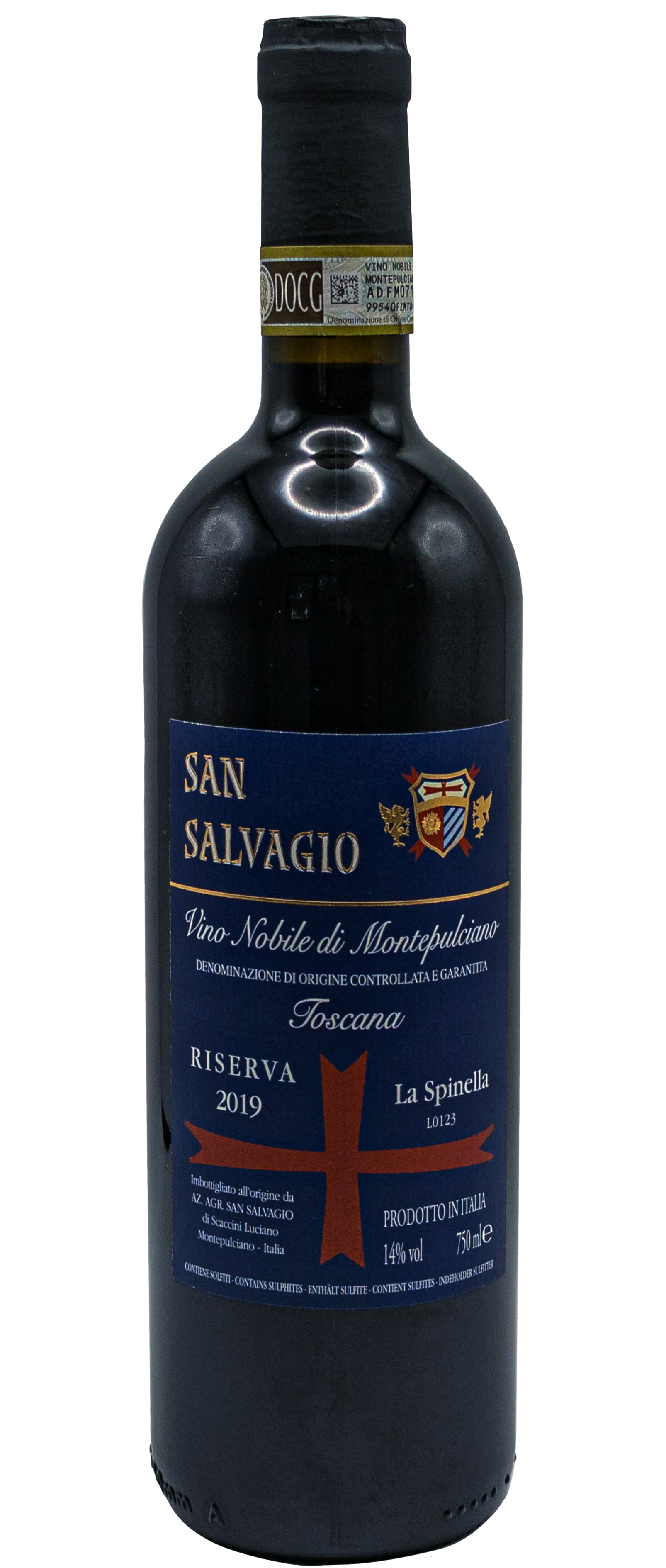 Bottiglia di vino rosso San Salvaggio Riserva 2019 Toscana con etichetta blu e scritte oro e bianco.