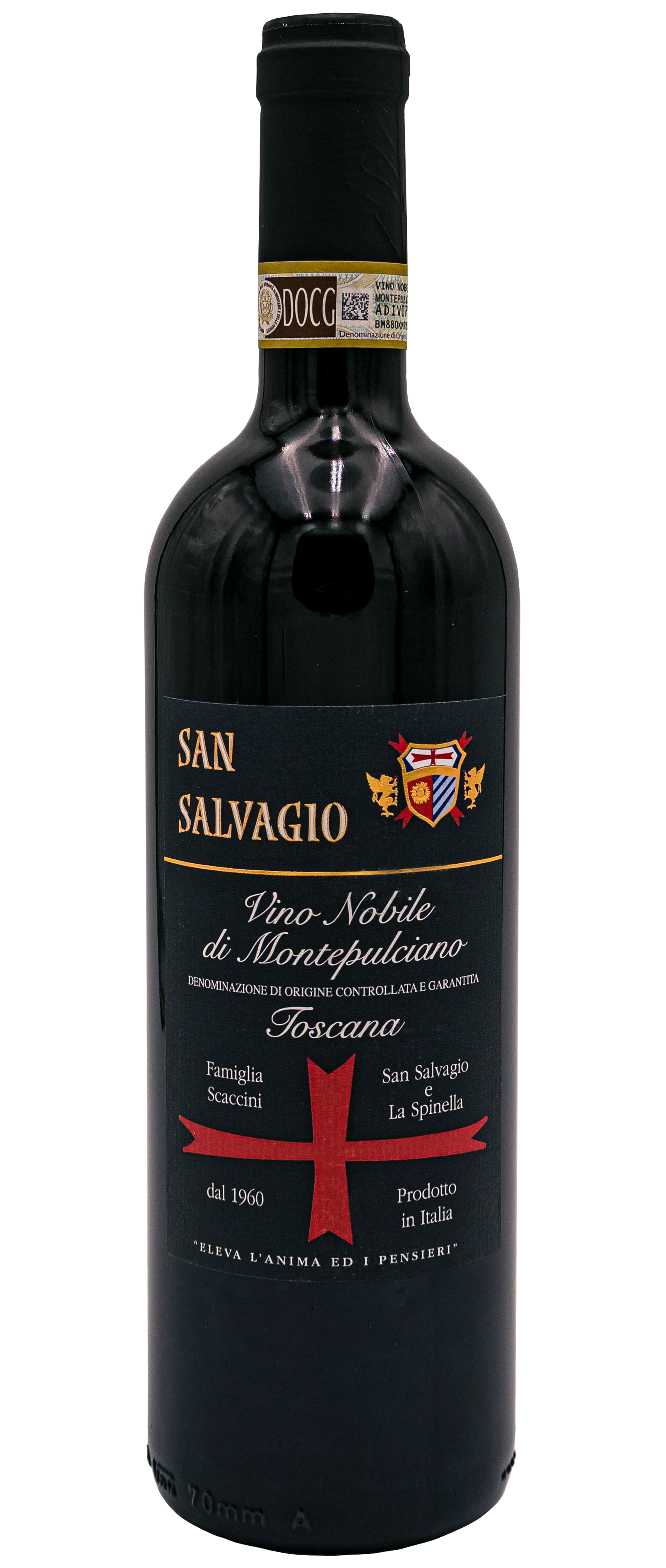 Una bottiglia di vino rosso con etichetta che riporta il nome 'San Salvatore', di produzione italiana proveniente dalla Toscana, con simbolo di croce rossa e informazioni sulla famiglia e sul riconoscimento, in uno stile elegante.