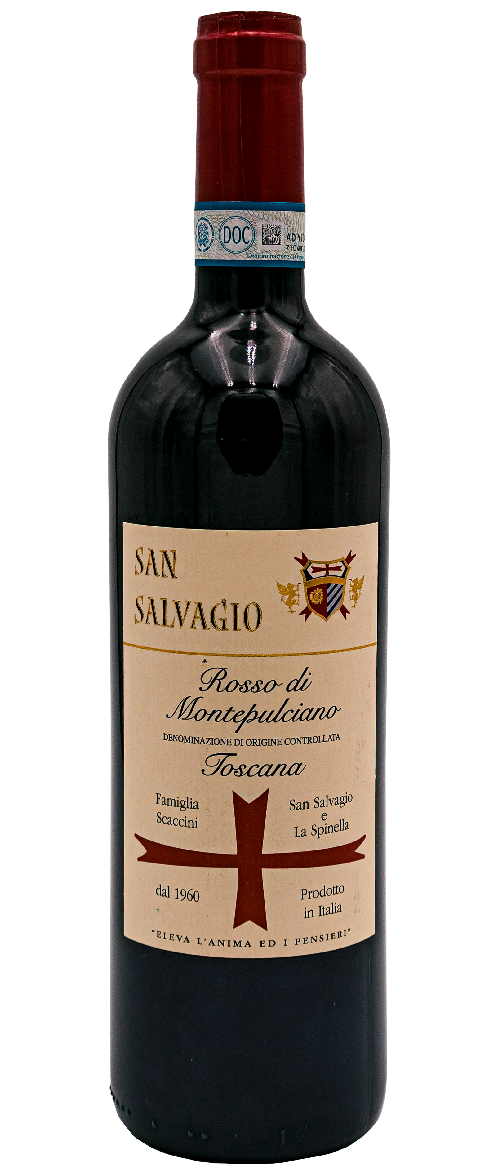 Bottiglia di vino rosso con etichetta che recita San Salvatore, Rosso di Montepulciano, Toscana, famiglia Scaccini, dal 1960, prodotto in Italia.