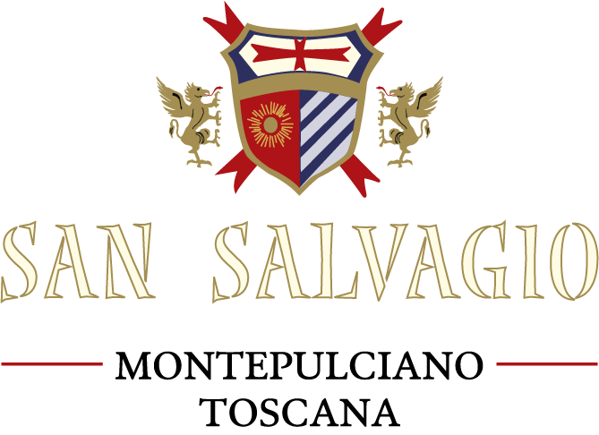 Scudo di famiglia con due leoni dorati e scritta 'San Salvagio' in stile elegante.