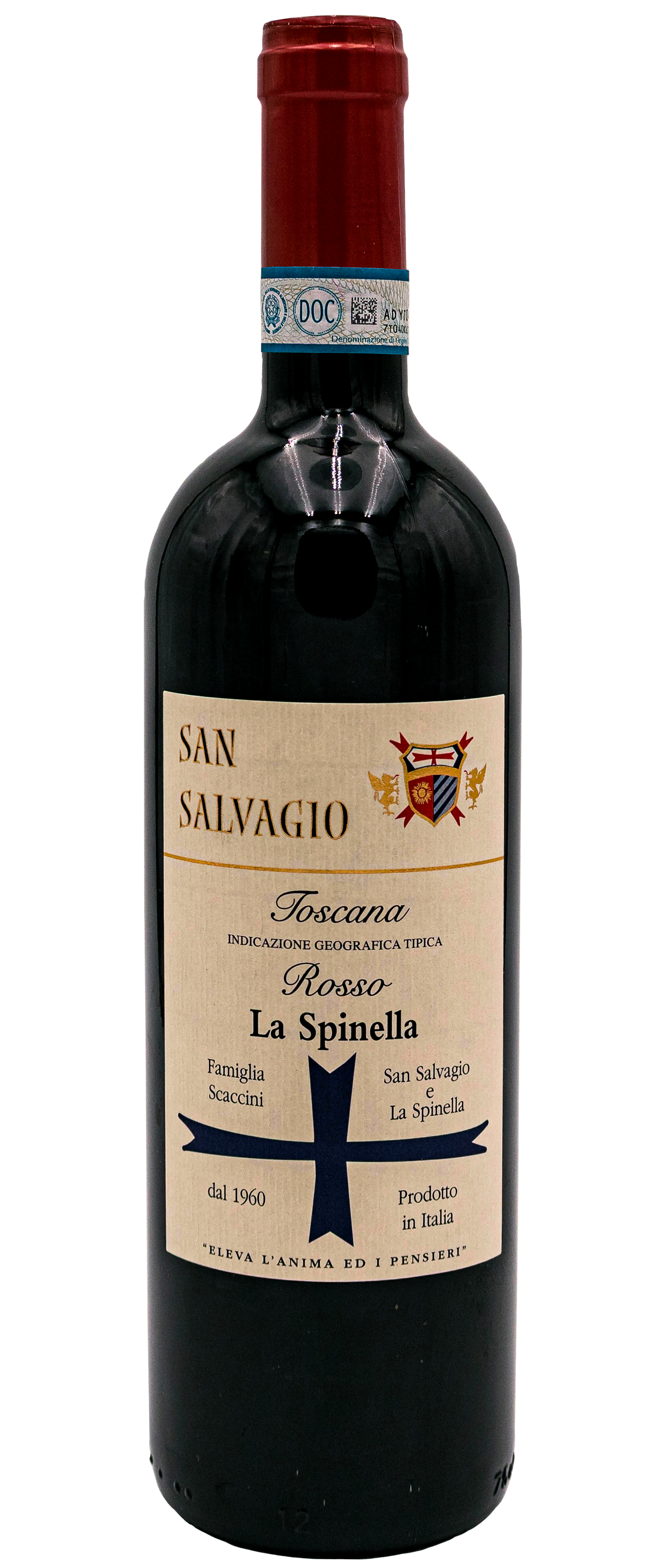 Bottiglia di vino rosso San Salvaggio Toscana La Spinella con etichetta beige, corona in scala di grigi, e stemma al centro