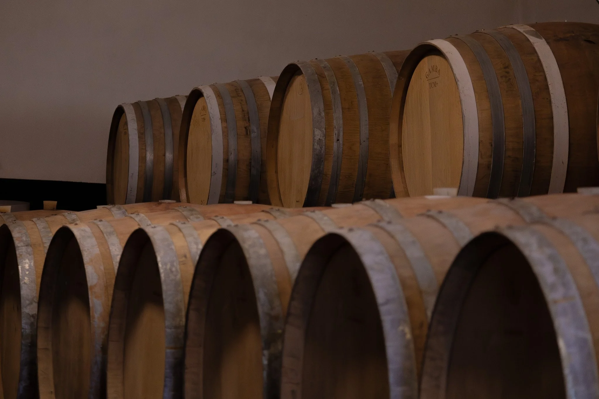 Foto di botti di legno in una cantina o in una cantina di invecchiamento del vino.