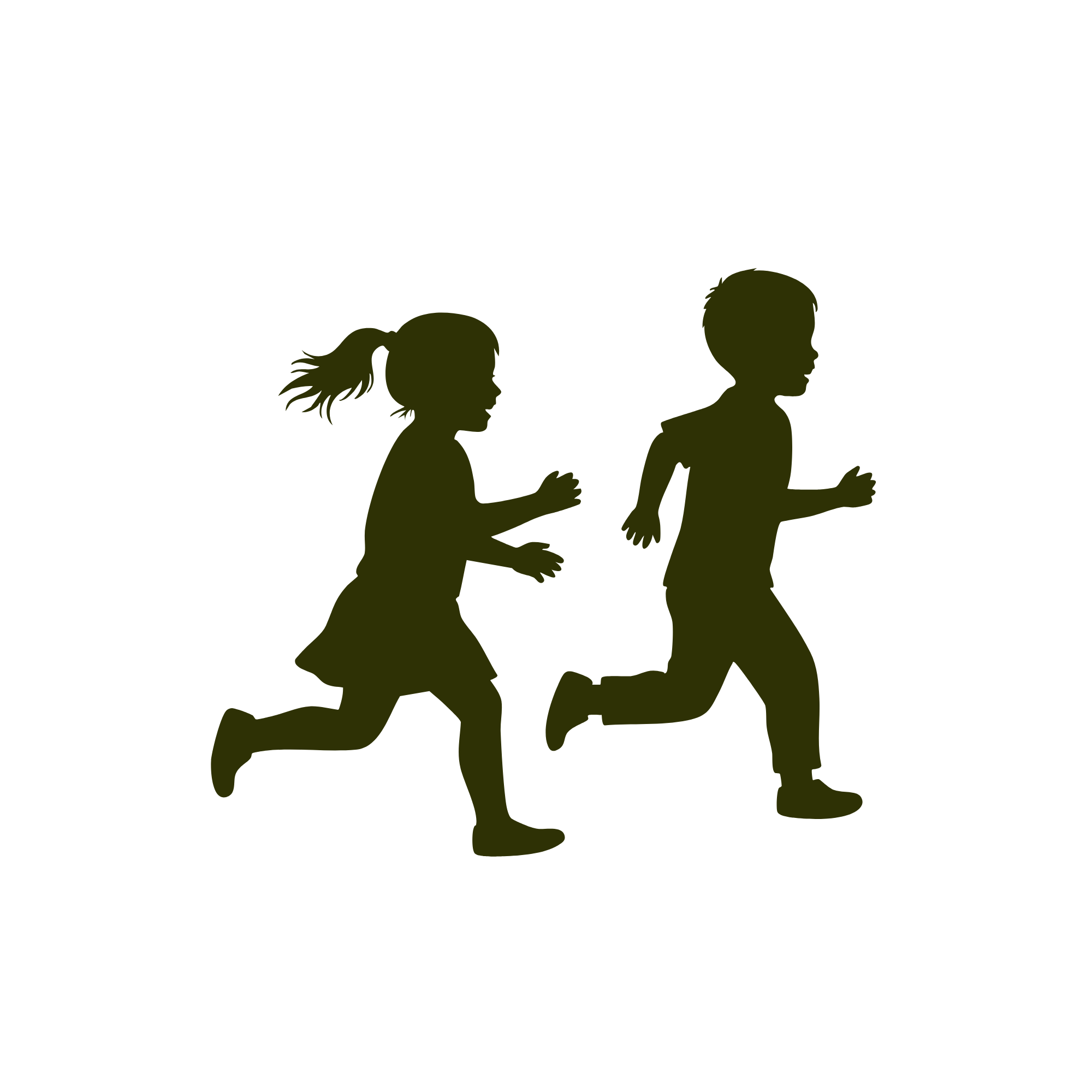 Silhouette of a boy and girl running together.