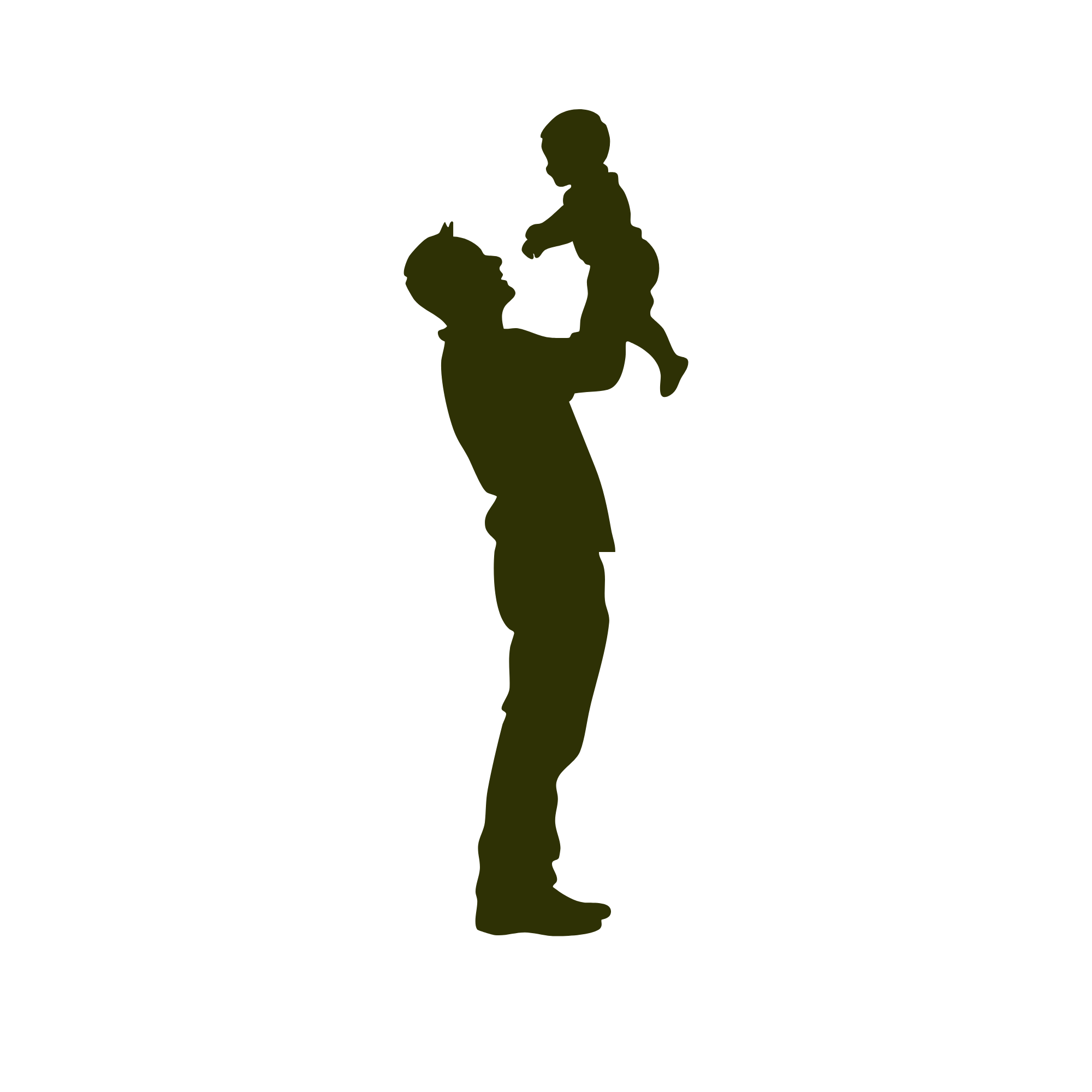 Silhouette of a person holding a child up in the air against a black background.