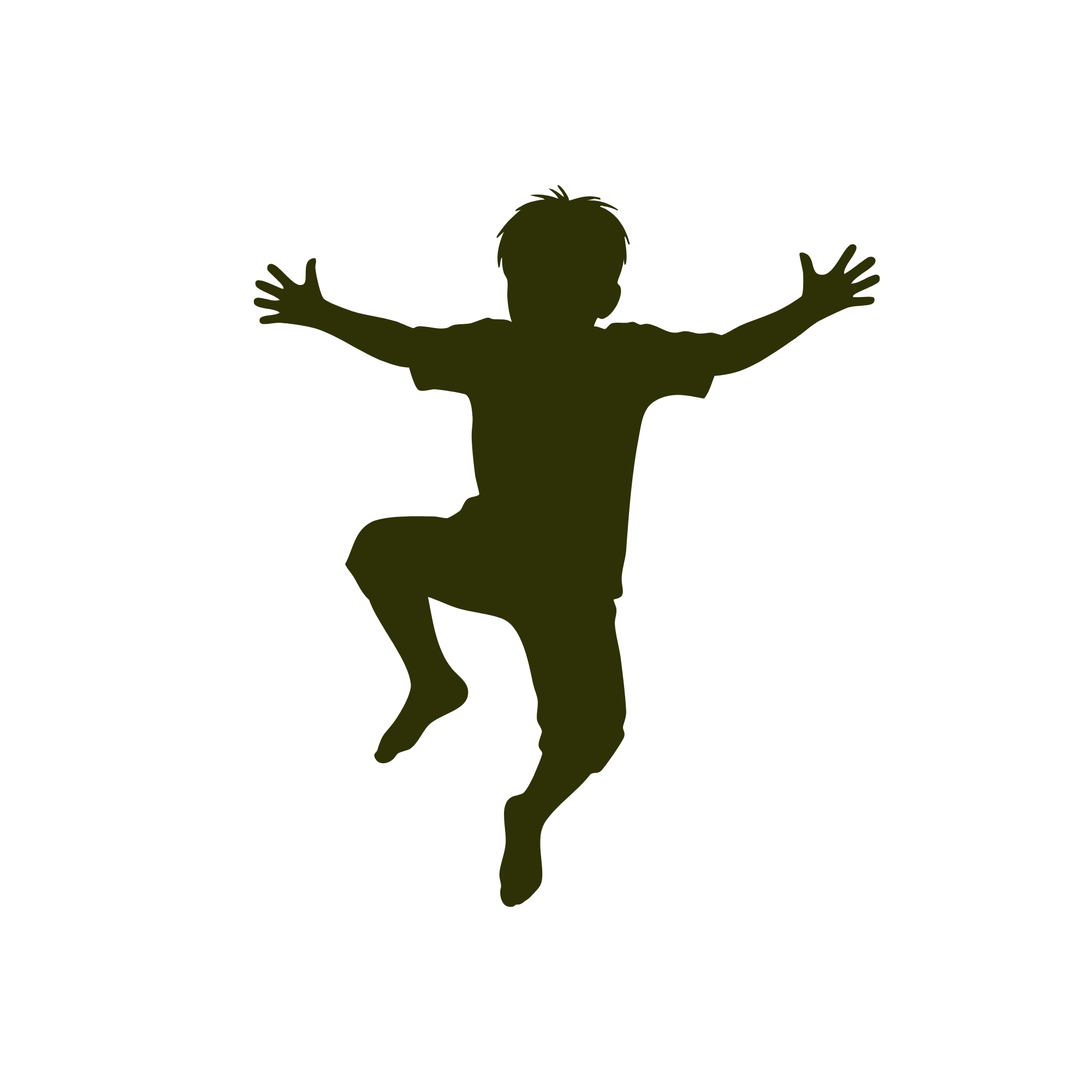Silhouette of a child jumping with arms outstretched on a black background.