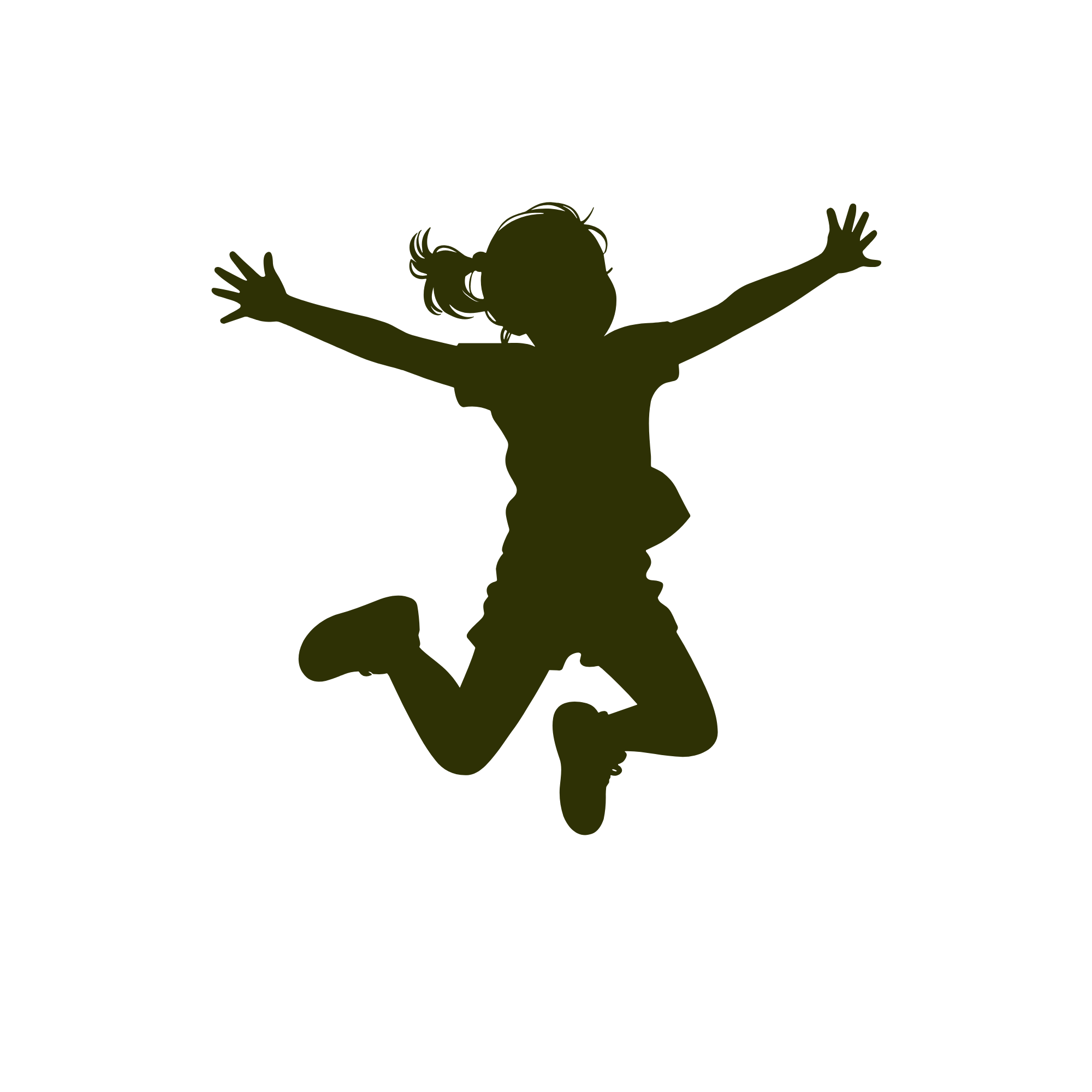 Silhouette of a jumping child with arms outstretched against a black background.