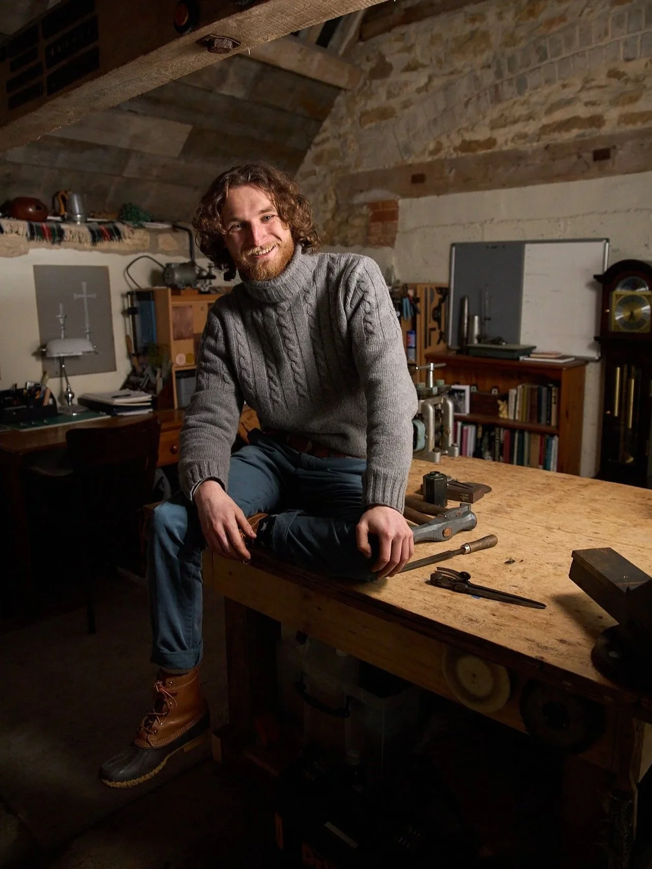 Portrait of silversmith Harry Stokes in his workshop on the edge of the Cotswolds.
