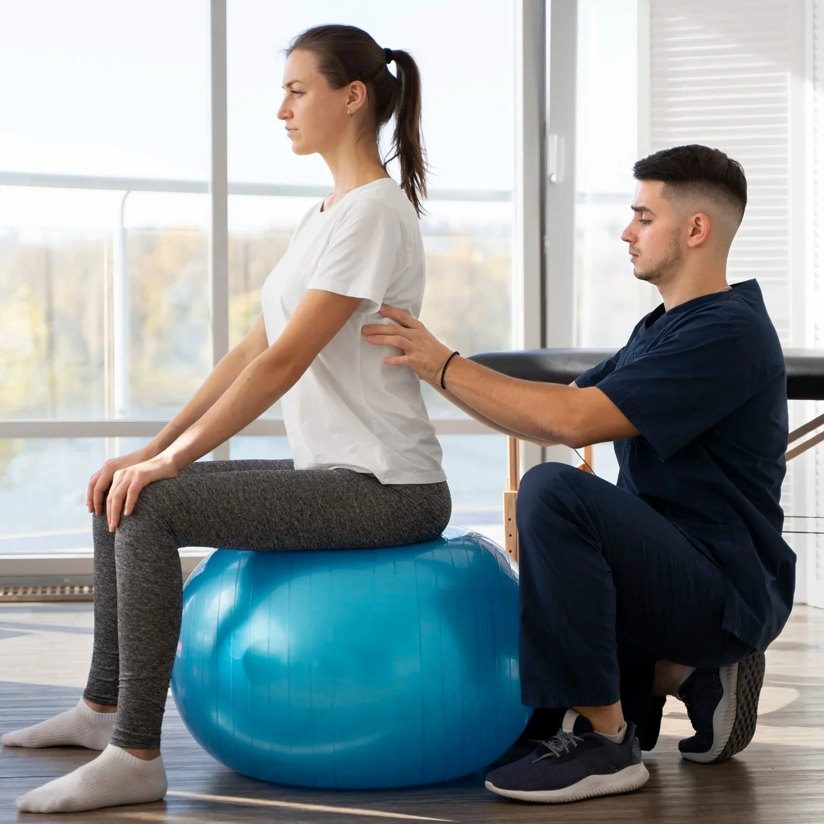 Physical therapist assisting a woman with back exercises on an exercise ball in a rehab clinic.