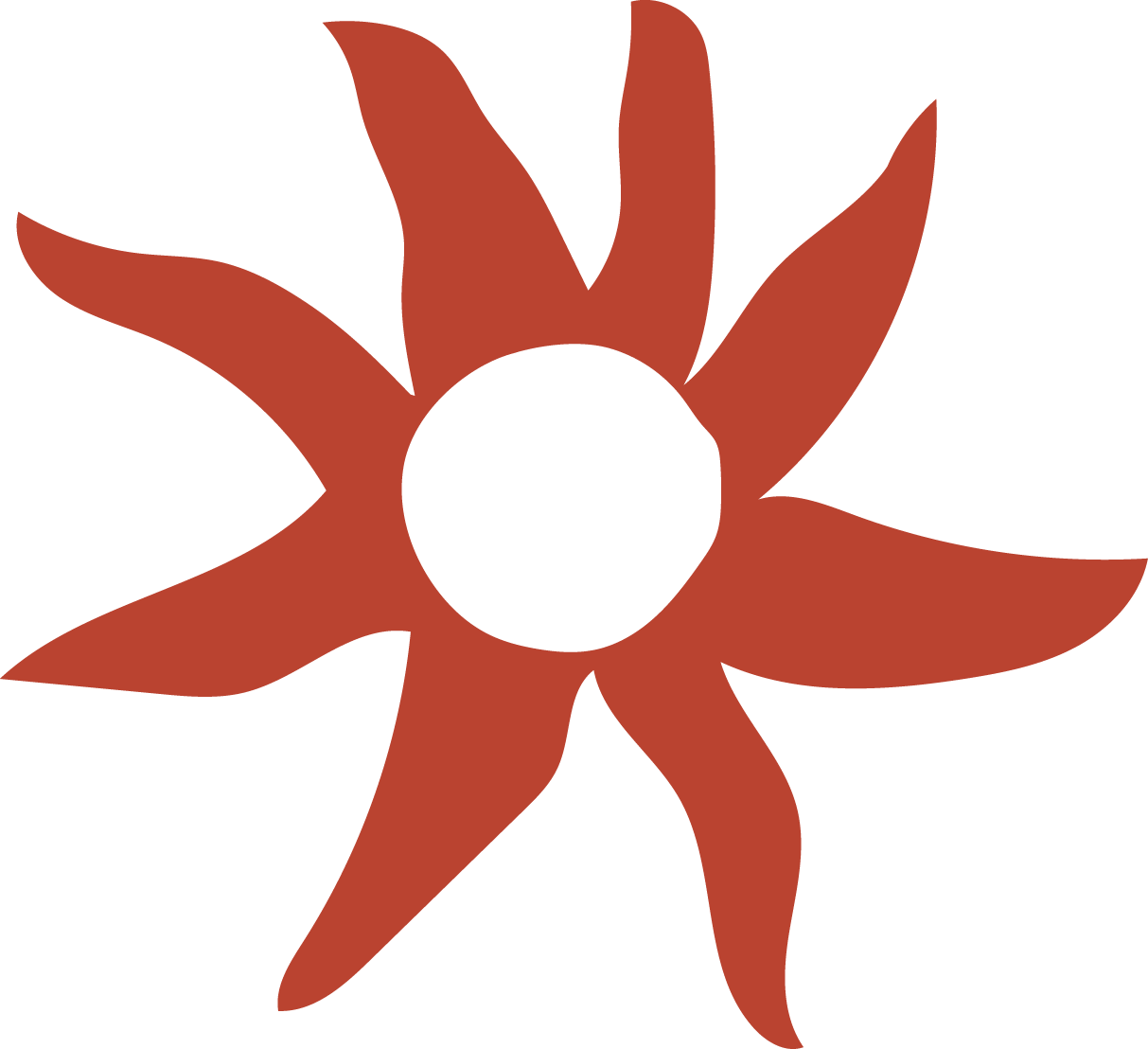 A stylized abstract illustration of a flower with elongated reddish-brown petals and a black circular center.