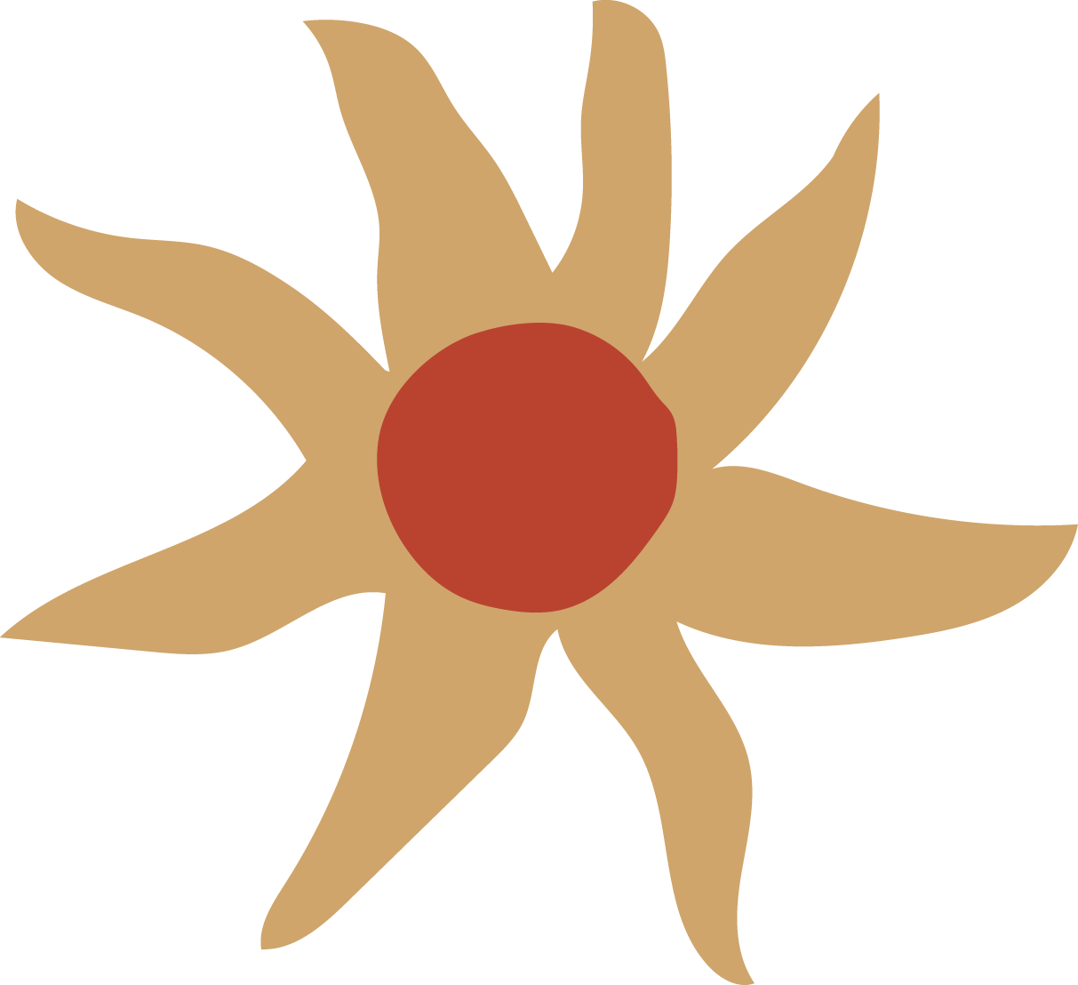 A stylized abstract flower with beige petals and a red center on a black background.