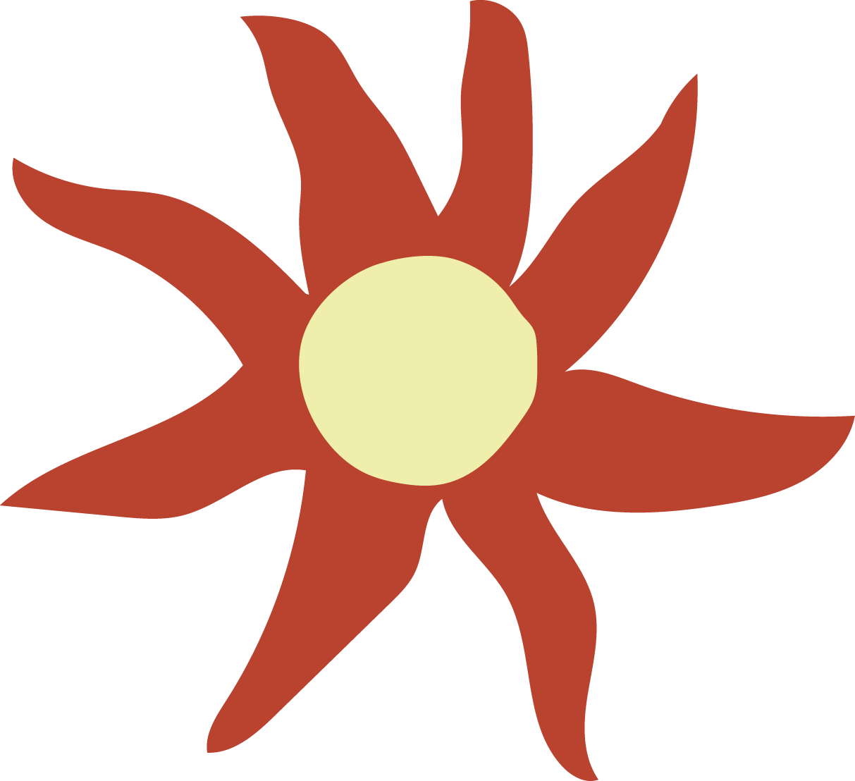 A simplified, stylized illustration of a flower with reddish-brown petals and a light yellow center.