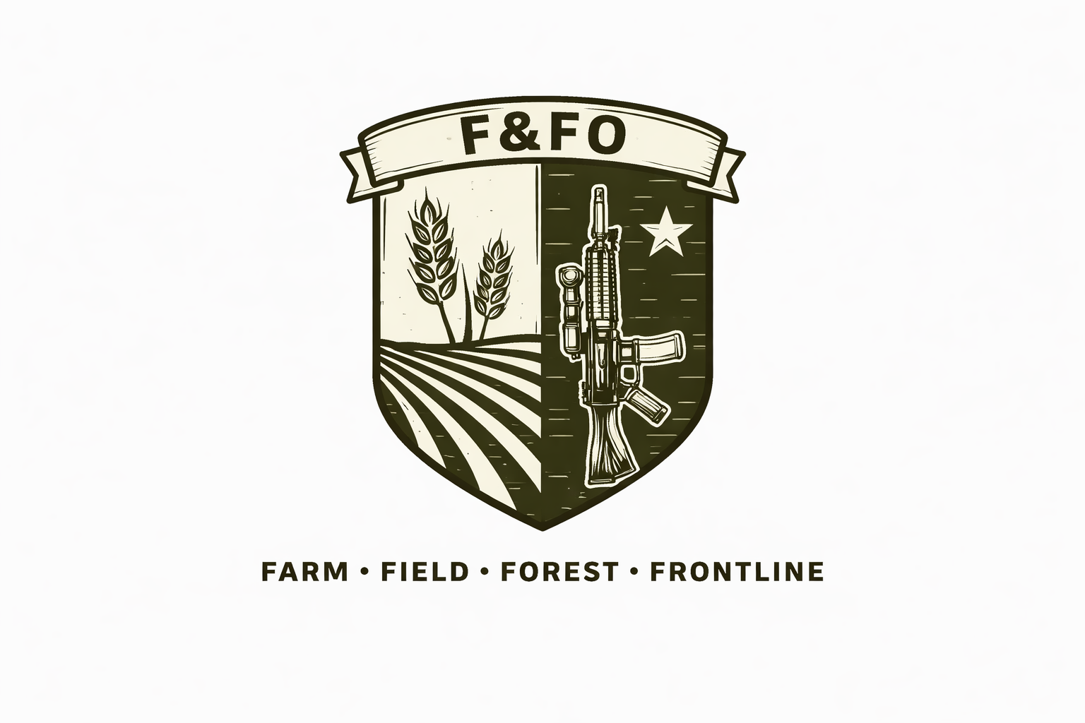 A military-style emblem with the text 'F&F0' on a banner at the top. The shield is split into two halves: the left half shows a farm with wheat and fields, and the right half shows a rifle and a star on a dark background. Below the shield, the words 'FARM FIELD FOREST FRONTLINE' are written.