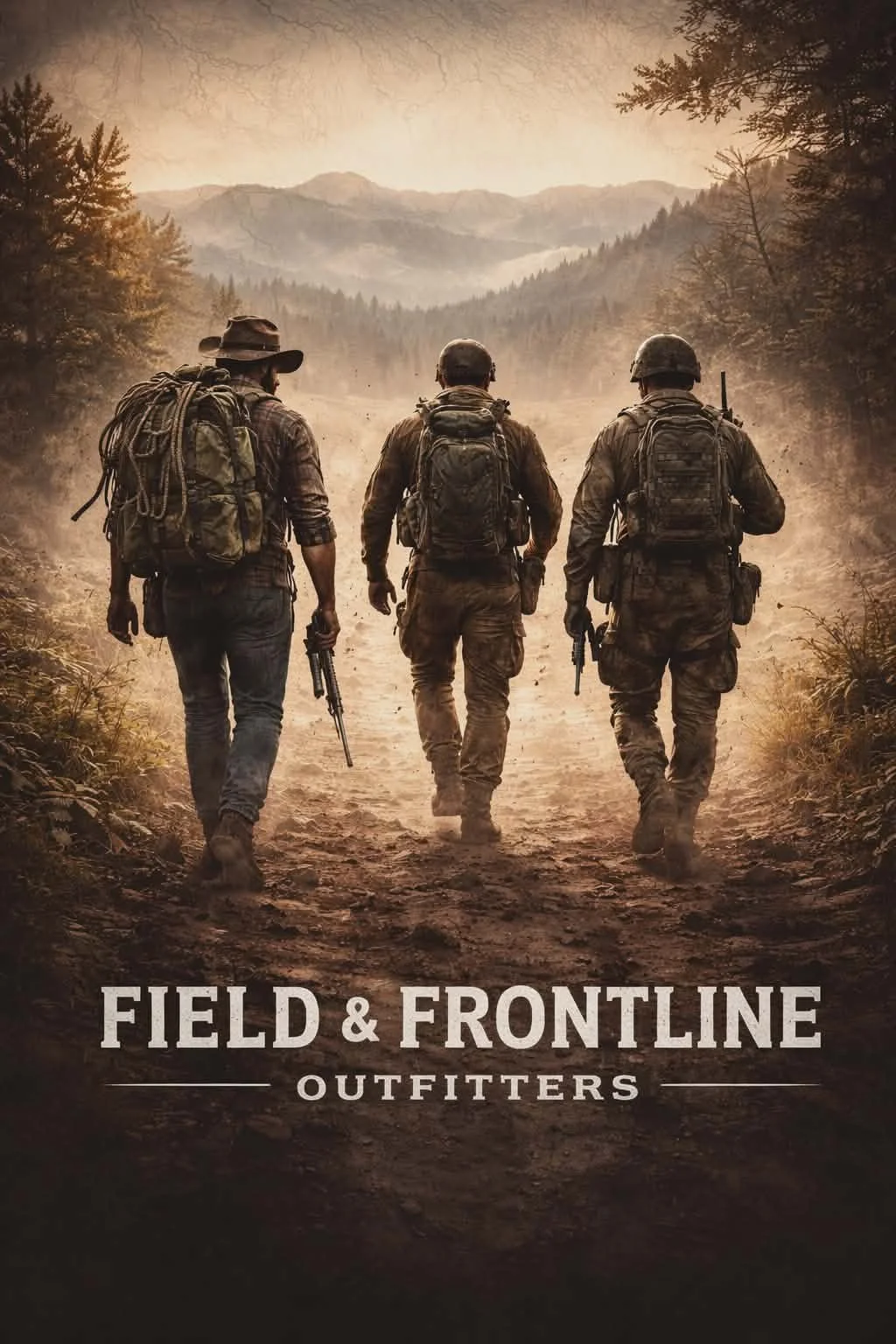 Three soldiers walking down a dirt trail in a forested mountainous area, carrying backpacks and weapons, with text 'Field & Frontline Outfitters' at the bottom.