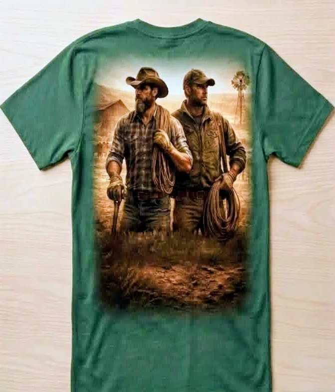 A green T-shirt featuring a graphic design of two men dressed as farmers standing outdoors with barn and windmill in the background.