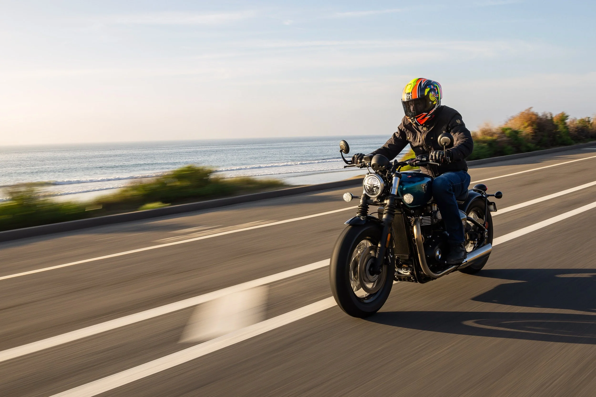 Michael Neeves riding the Triumph Bonneville Bobber in Oceanside, California