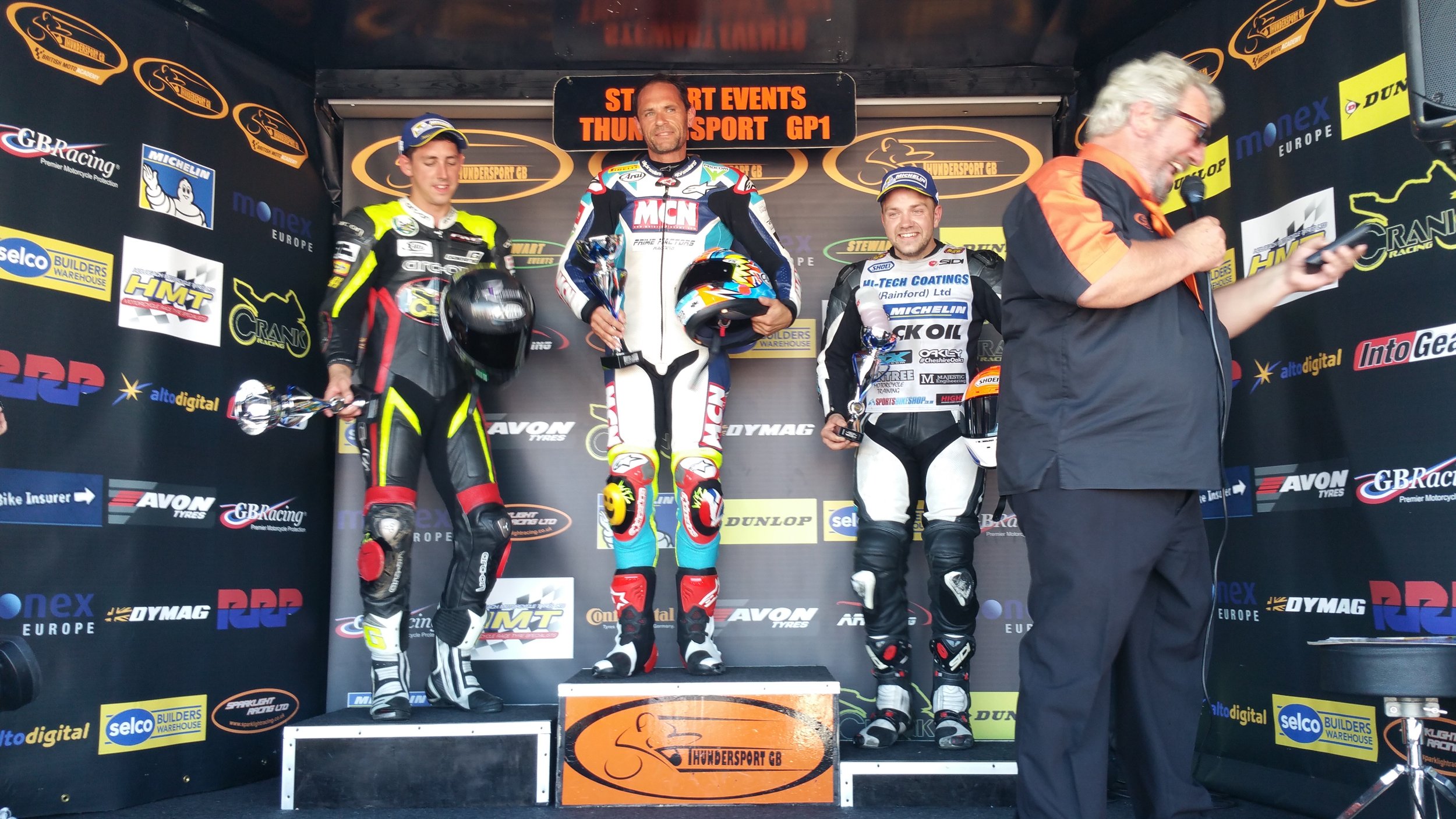 Michael Neeves takes the Thundersport GP1 Elite win at Anglesey on his BMW S1000RR., with Lee Williams and Josh Day