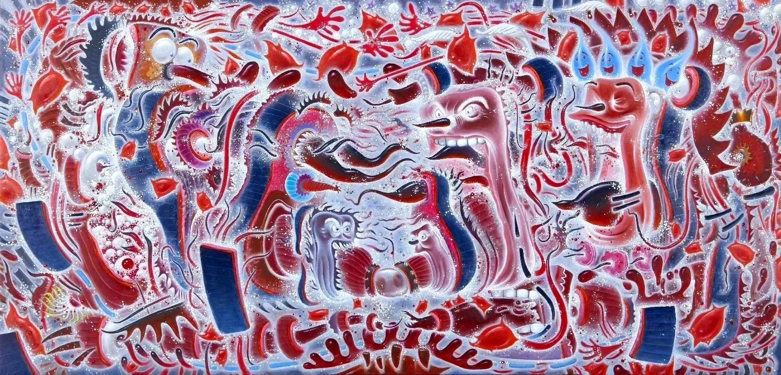 Colorful, abstract painting with various stylized, whimsical creatures and faces, featuring bold reds, blues, whites, and blacks, in a chaotic, energetic composition.