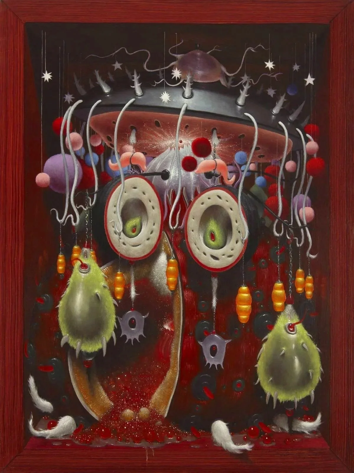 A colorful mixed media artwork featuring a surreal composition with large eyes, a beetle, fluffy birds, and abstract decorative elements in a red wooden frame.