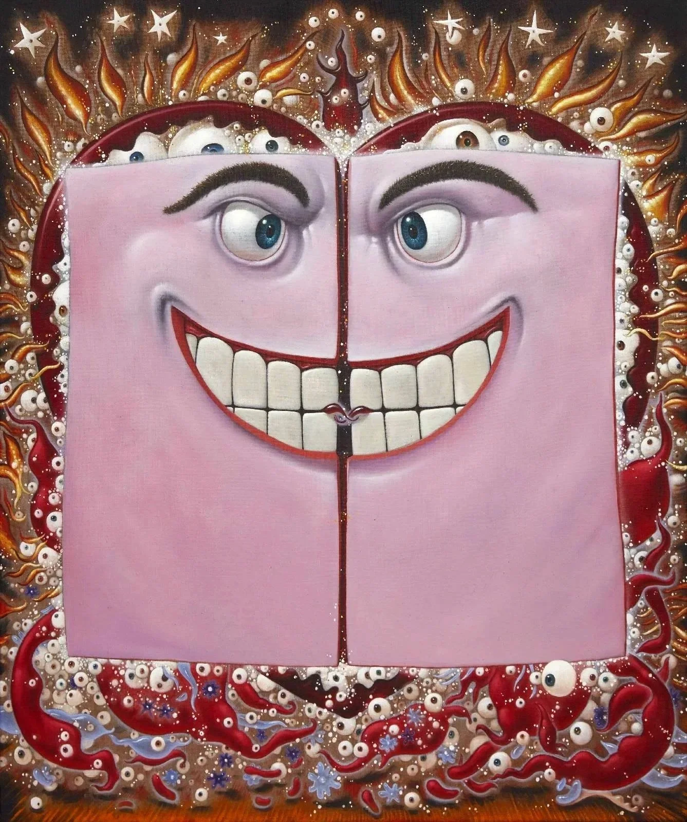 A painting of a smiling face with blue eyes, featuring large white teeth and black eyebrows, surrounded by a background of colorful flames, eyes, and stars.