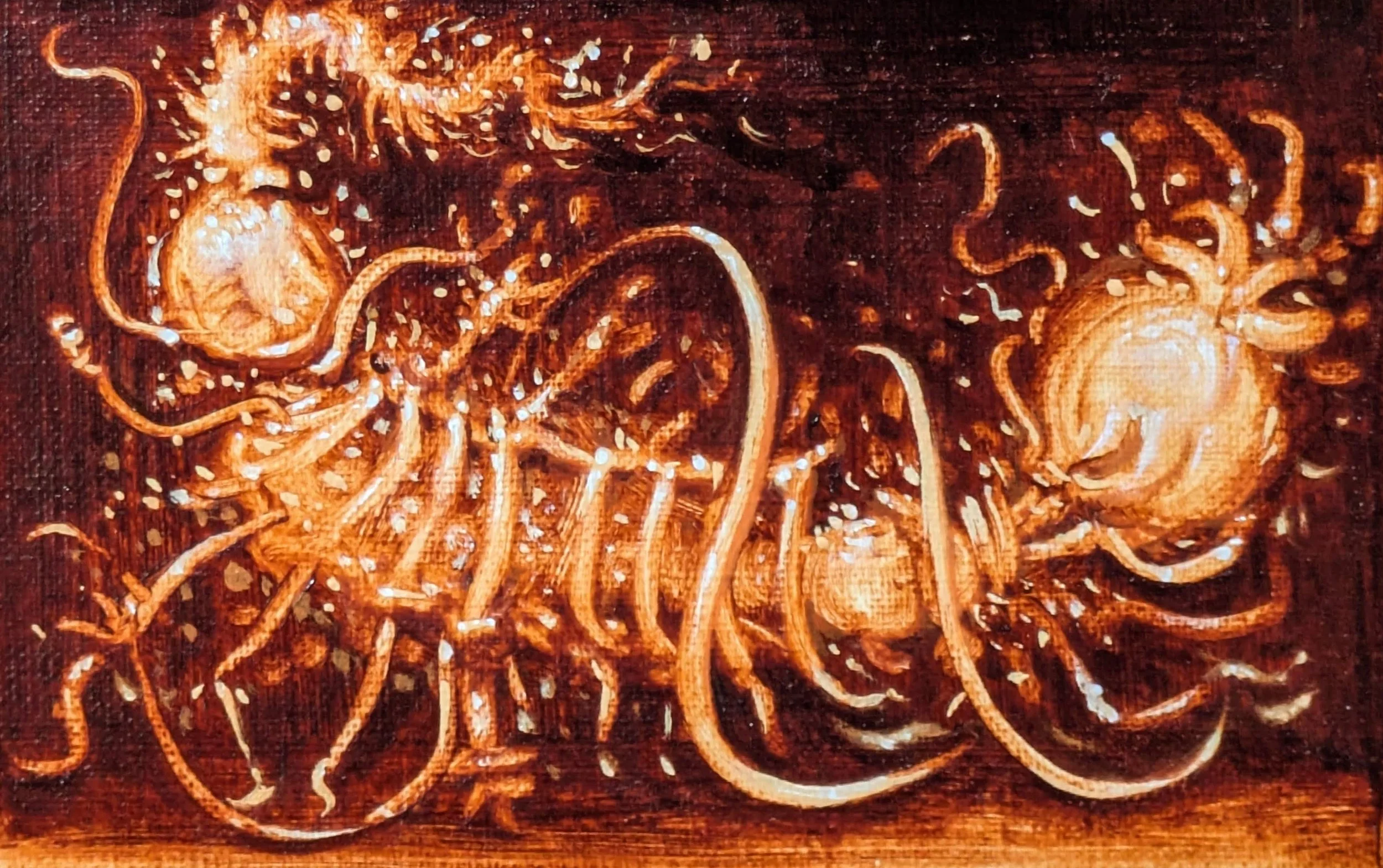 An abstract artwork with swirling lines and splashes of white on a dark red-brown background.