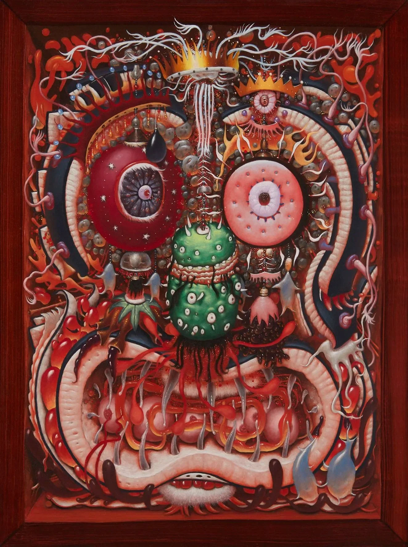 A surreal painting depicting various eye-like shapes, organic forms, and abstract elements with vibrant reds, pinks, and greens, set within a wooden frame.