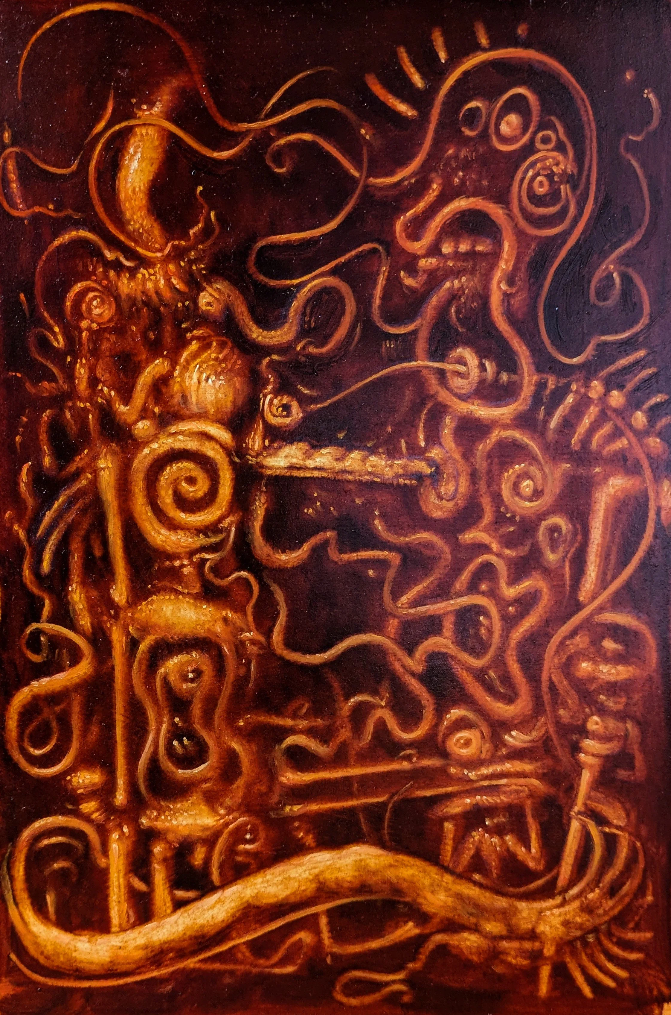 Oil painting of an octopus with swirling tentacles, painted in warm browns and golds on a dark background.