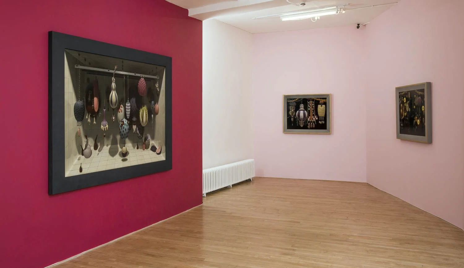 photograph of paintings in an exhibition on a pink wall