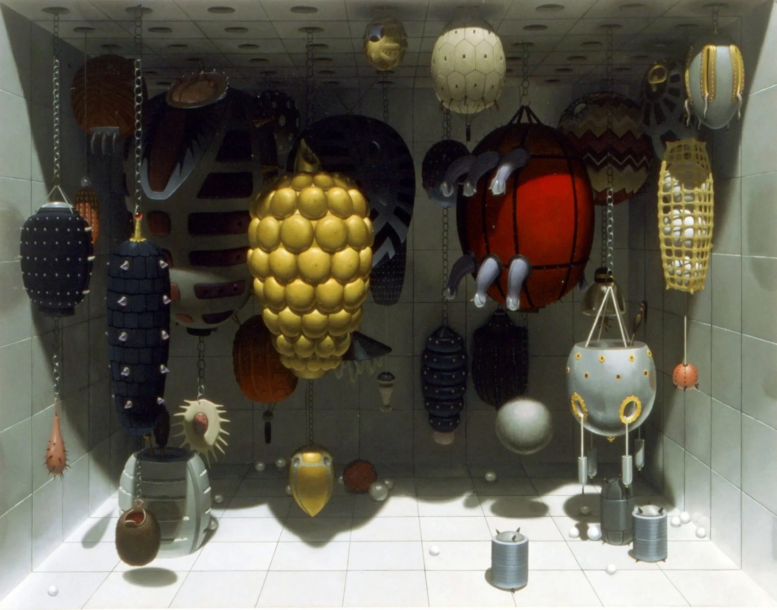 Various colorful, decorative lamps and objects hanging and placed on the floor inside a tiled room, with chains and stands supporting the items.